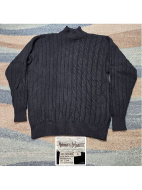 Vintage Neiman Marcus 100% Cashmere Sweater Mock Neck Cable Knit Black Mens L